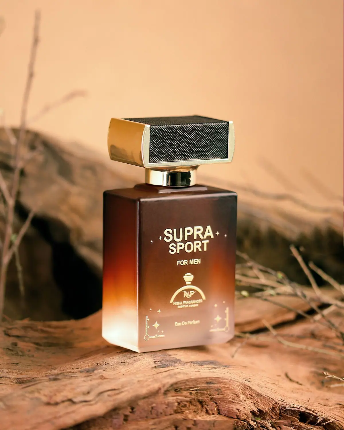 A men's luxury eau de parfum bottle on a wooden surface