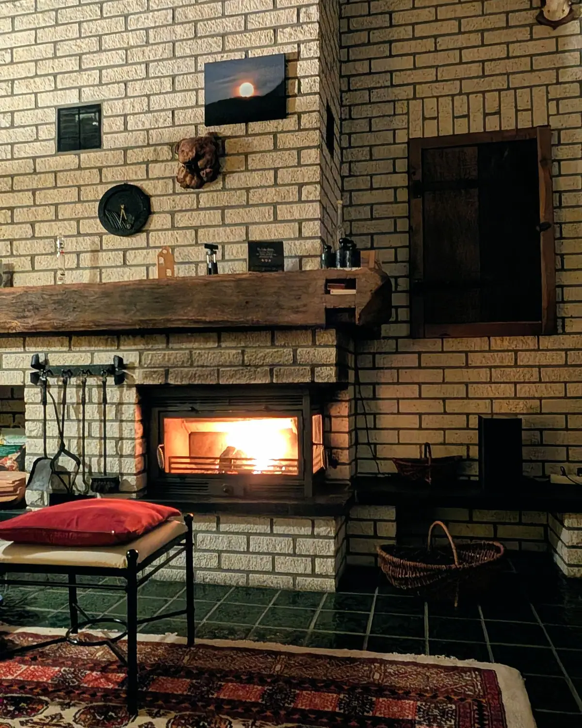 A cozy living room with a fireplace