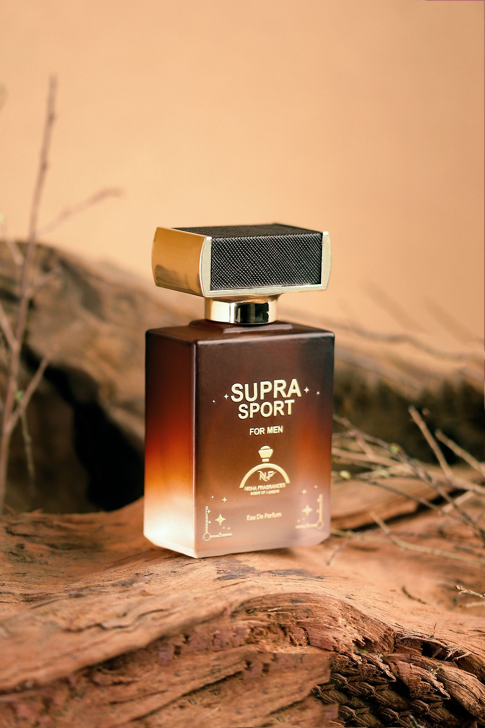 A men's luxury eau de parfum bottle on a wooden surface