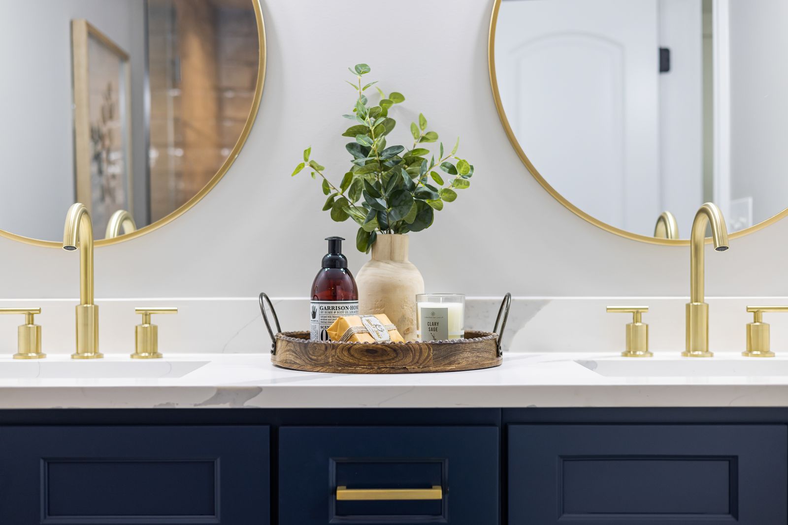 A bathroom vanity counter with grooming essentials